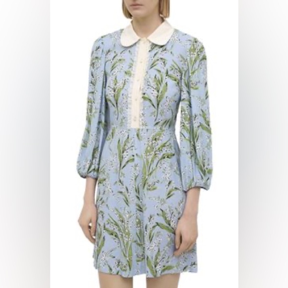 RED Valentino Blue and Green Floral Long Sleeve Dress